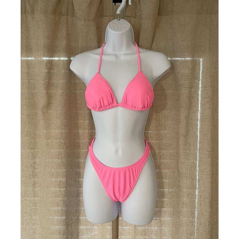 Vintage 80's 90's High Cut 2 Piece Womens Bikini Size S Swimsuit Swim Neon Pink